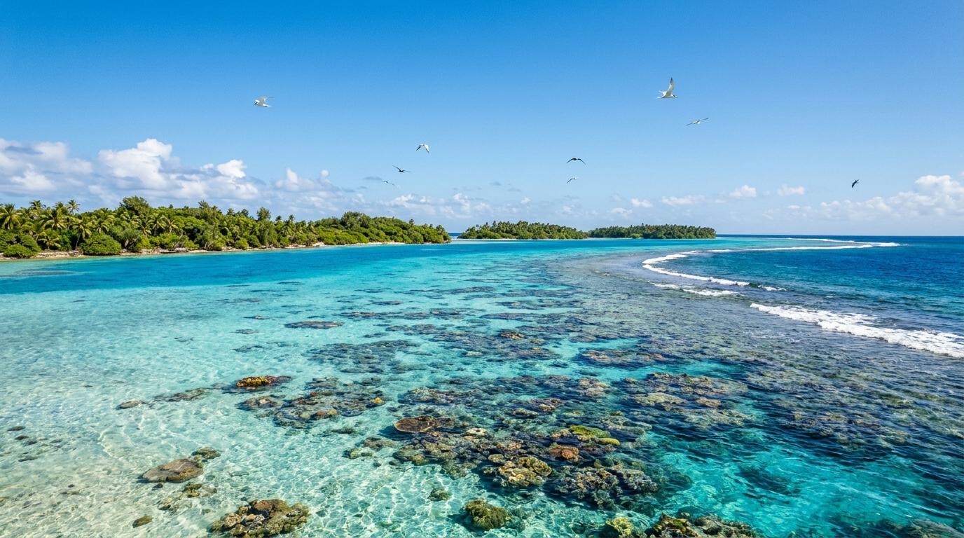 Seabirds flying above native green foliage on a tropical coral atoll surrounded by turquoise sea.
