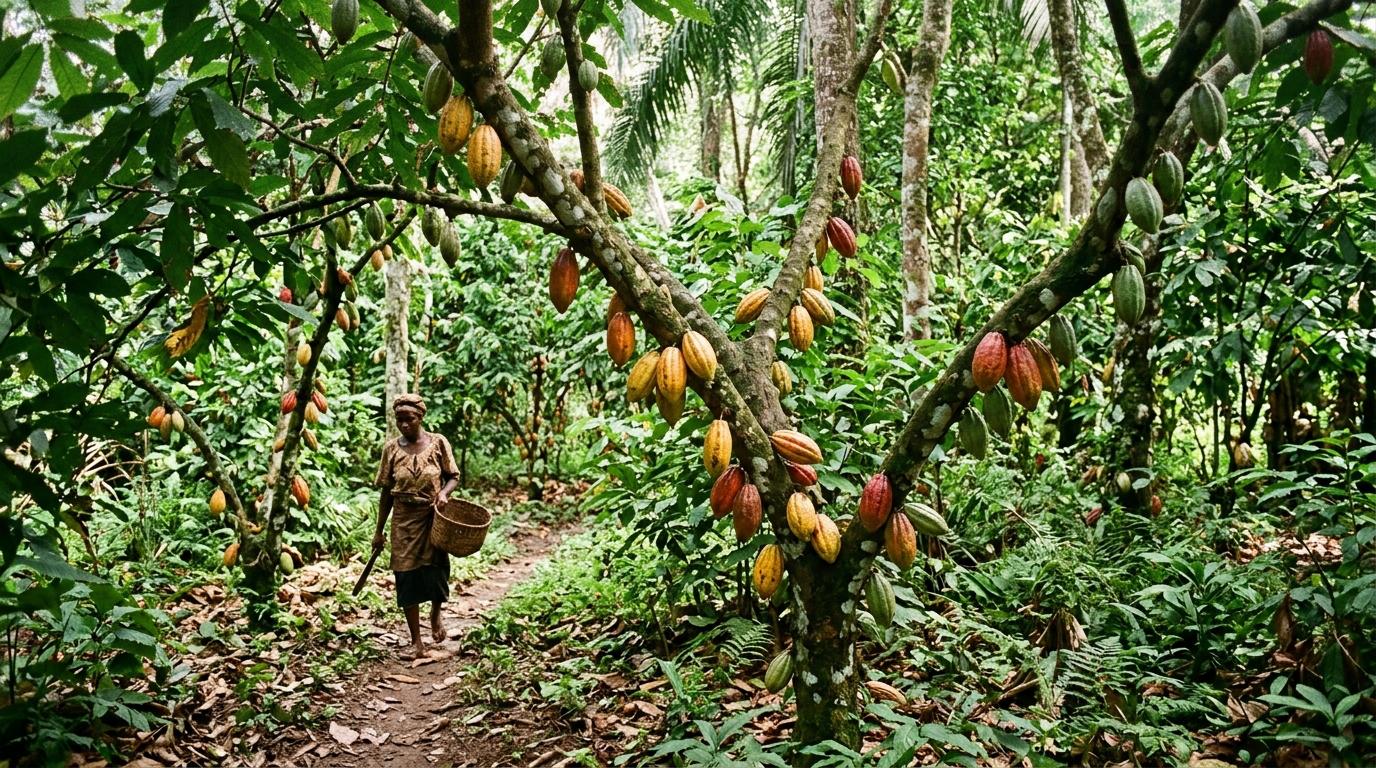 A woman tending cocoa crops beneath the shaded canopy of native forest trees in Ghana.