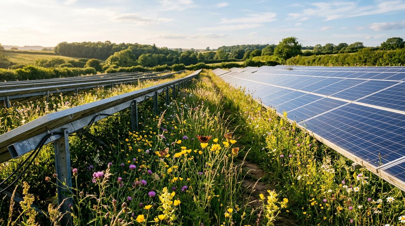 Wildflowers and native grasses growing between rows of ground-mounted solar panels under a clear sky.