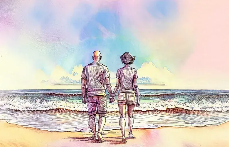 Two people walking along the shore, drawn in watercolor.
