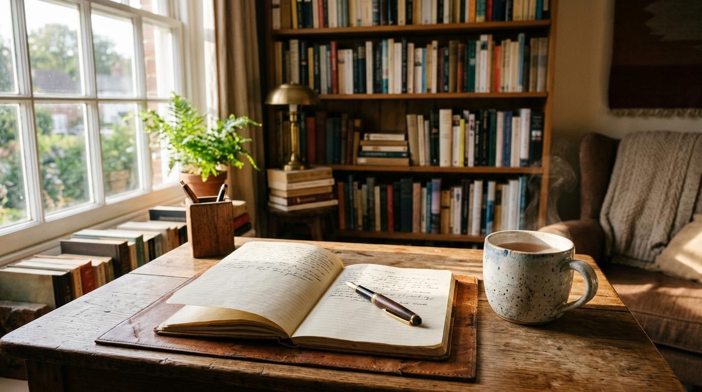 A sunlit wooden desk with an open blank journal, a fountain pen, and a ceramic mug beside a bright window.